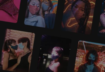 a collage of photos of models wearing different face masks by Delirio The Label, with a dark overlay.